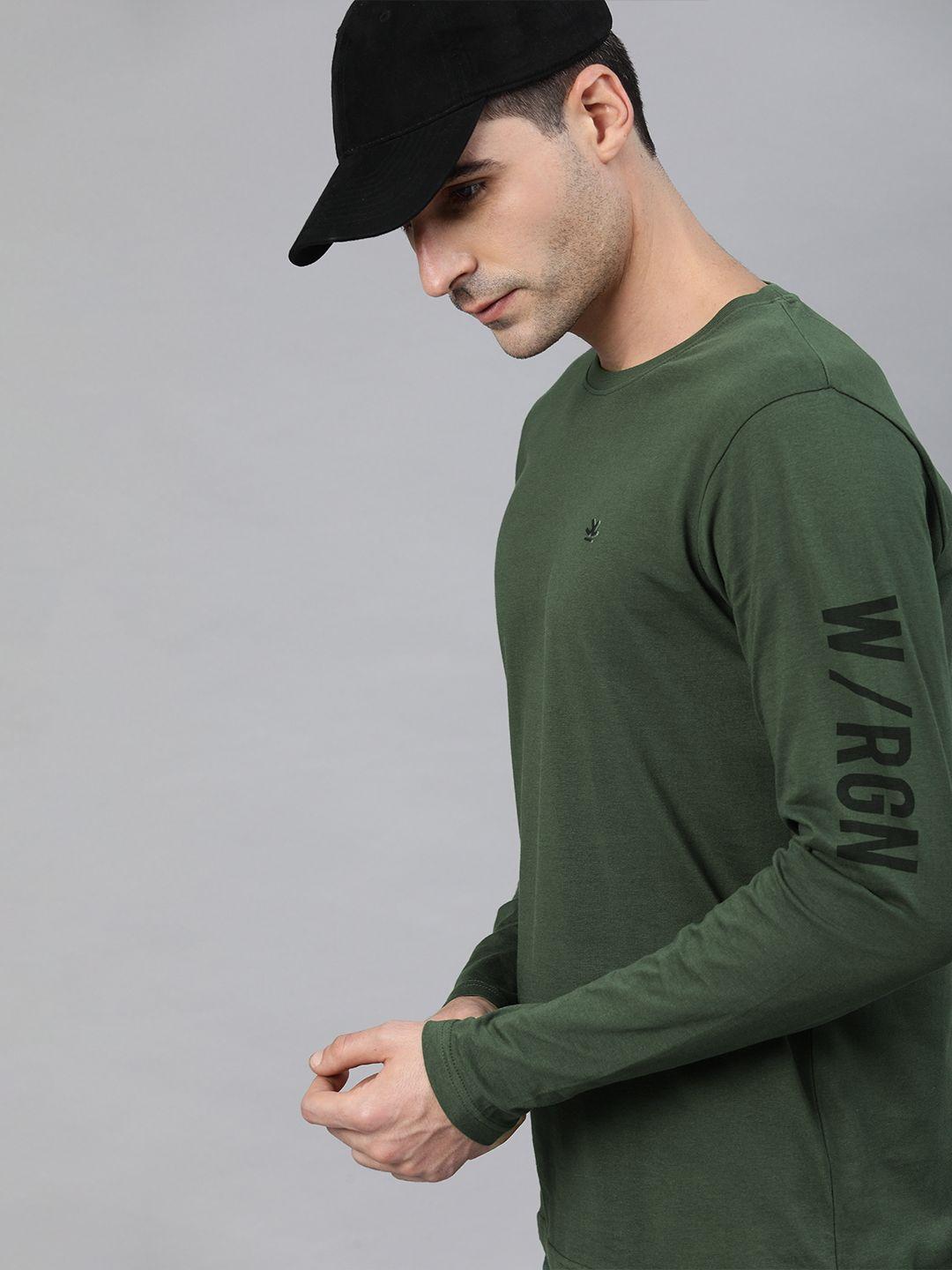 wrogn men olive green solid slim fit round neck t-shirt with printed sleeves