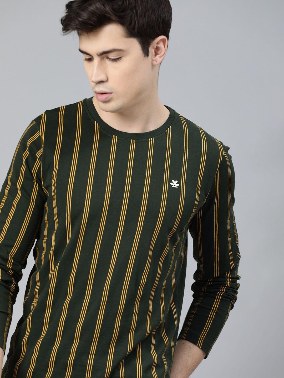 wrogn men olive green striped round neck pure cotton t-shirt