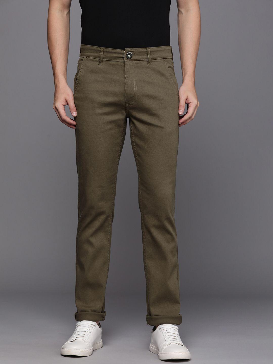 wrogn men olive green textured slim fit trousers