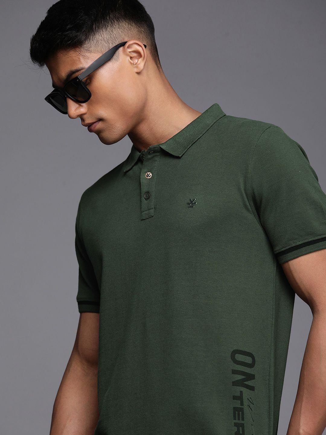 wrogn men olive green typography print polo collar pure cotton t-shirt