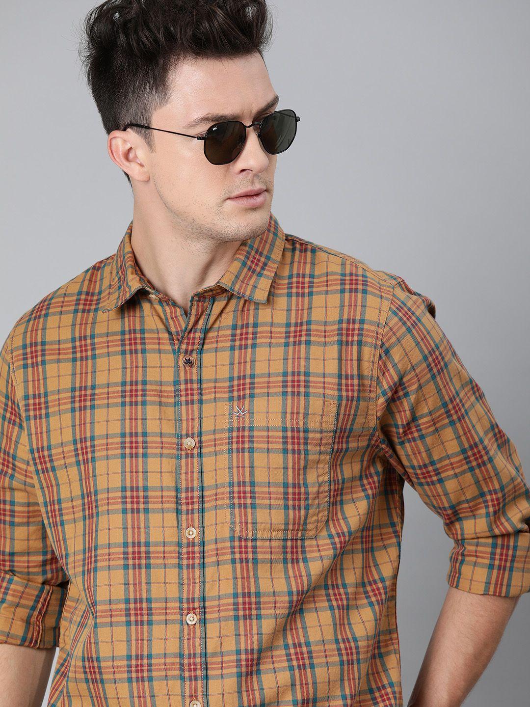 wrogn men orange & blue slim fit checked casual shirt