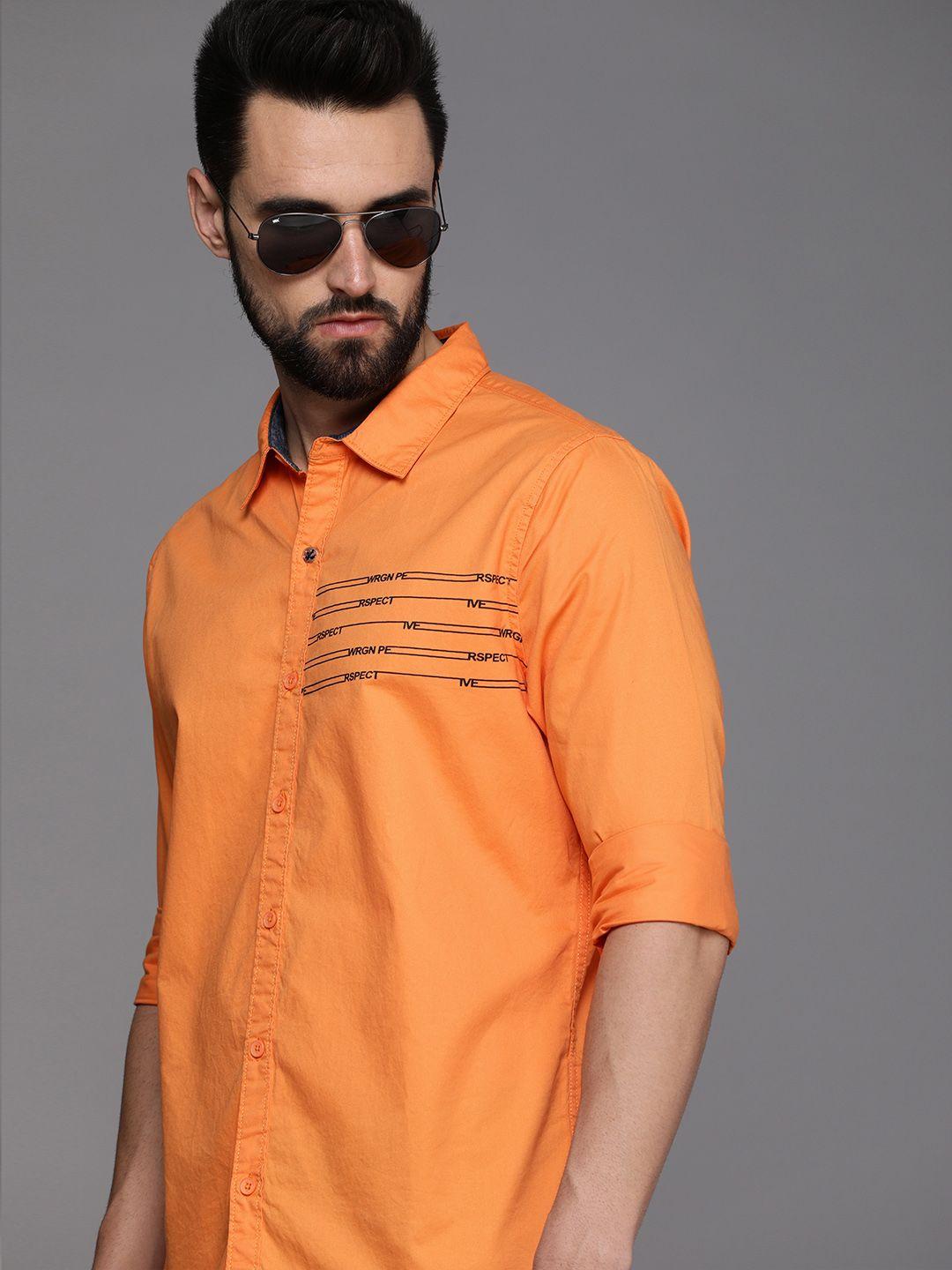 wrogn men orange slim fit printed casual pure cotton shirt