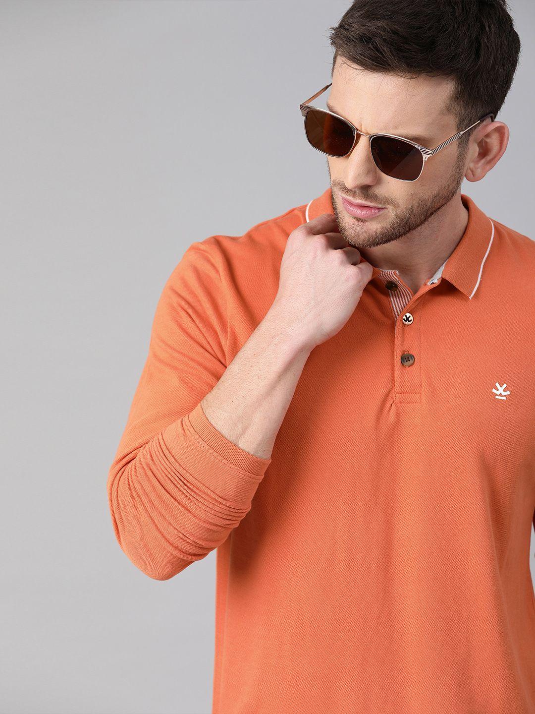 wrogn men orange solid v polo collar t-shirt