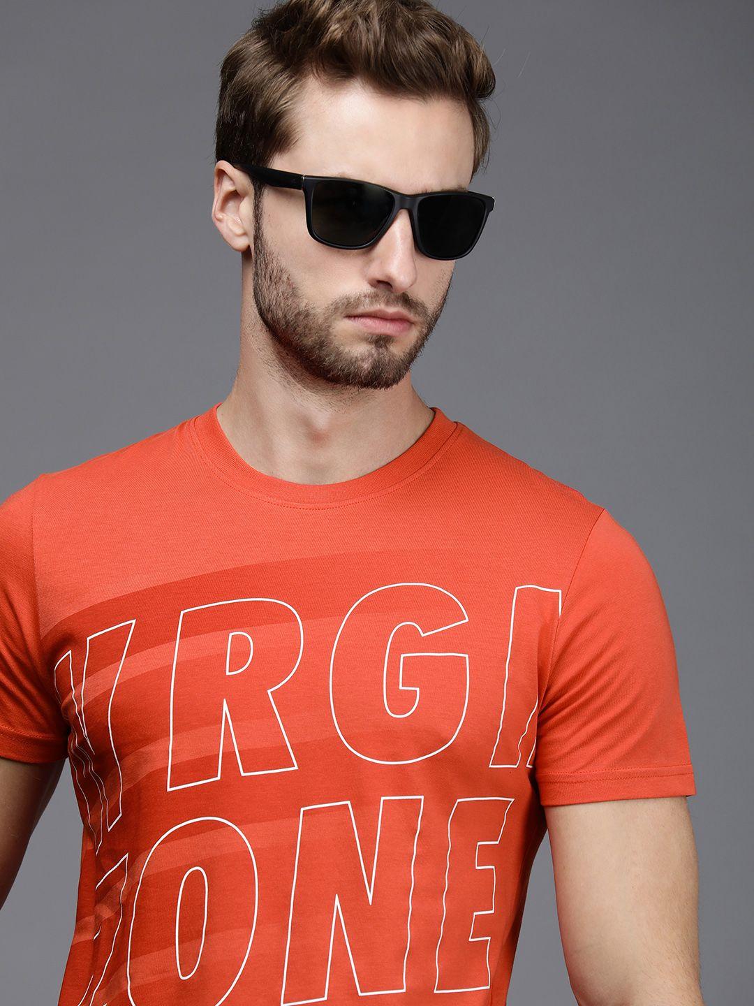 wrogn men orange typography printed slim fit casual t-shirt