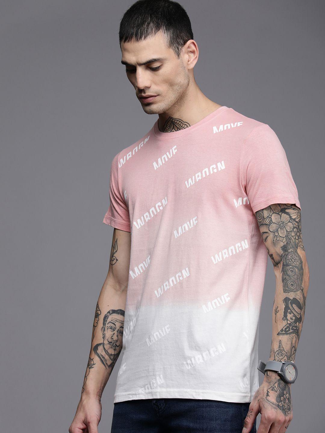 wrogn men peach-coloured & white brand logo printed pure cotton slim fit t-shirt