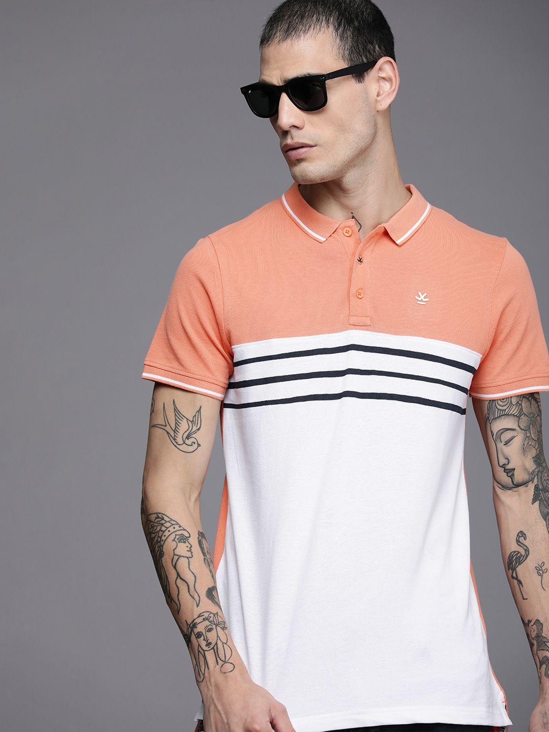 wrogn men peach-coloured & white colourblocked polo collar pure cotton slim fit t-shirt