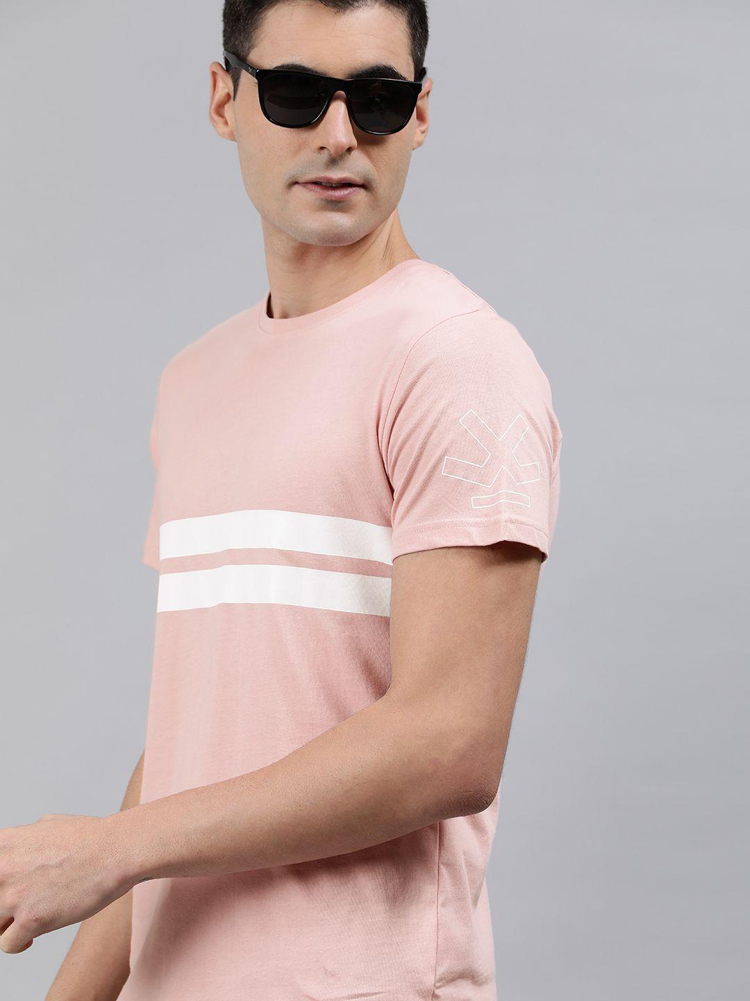 wrogn men peach-coloured  white slim fit striped round neck pure cotton t-shirt