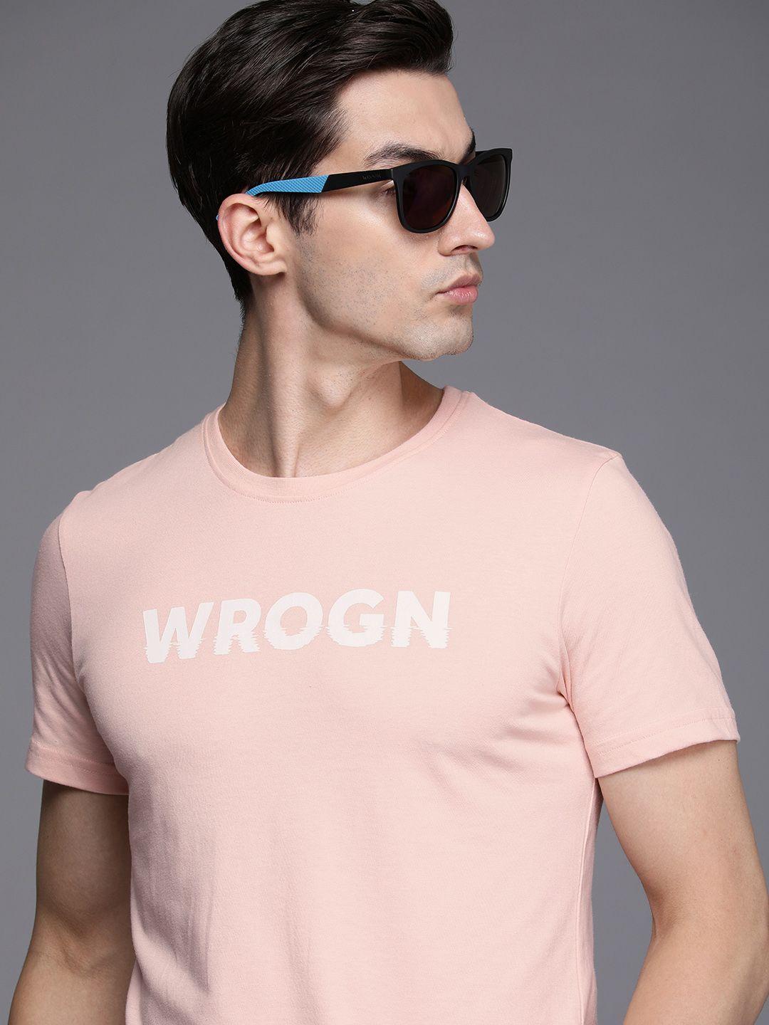 wrogn men peach-coloured brand logo printed slim fit casual t-shirt