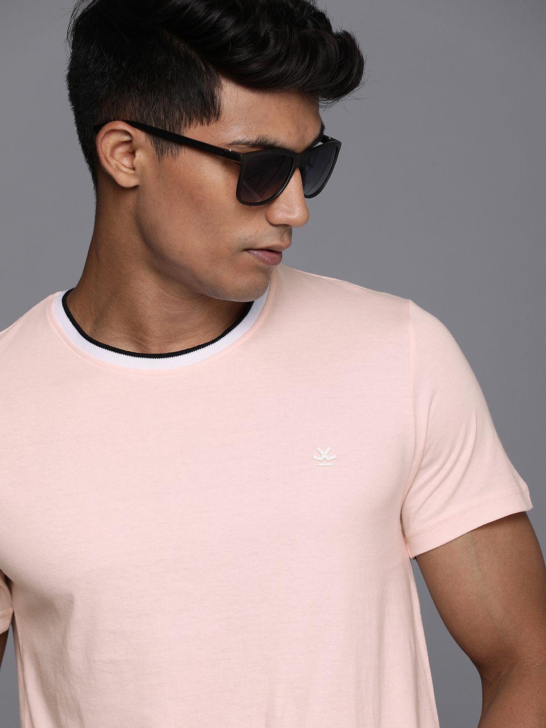 wrogn men peach-coloured printed slim fit casual t-shirt