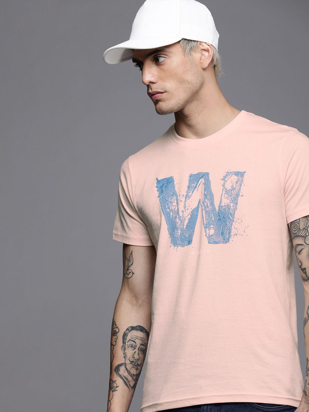 wrogn men pink & blue typography printed pure cotton slim fit t-shirt