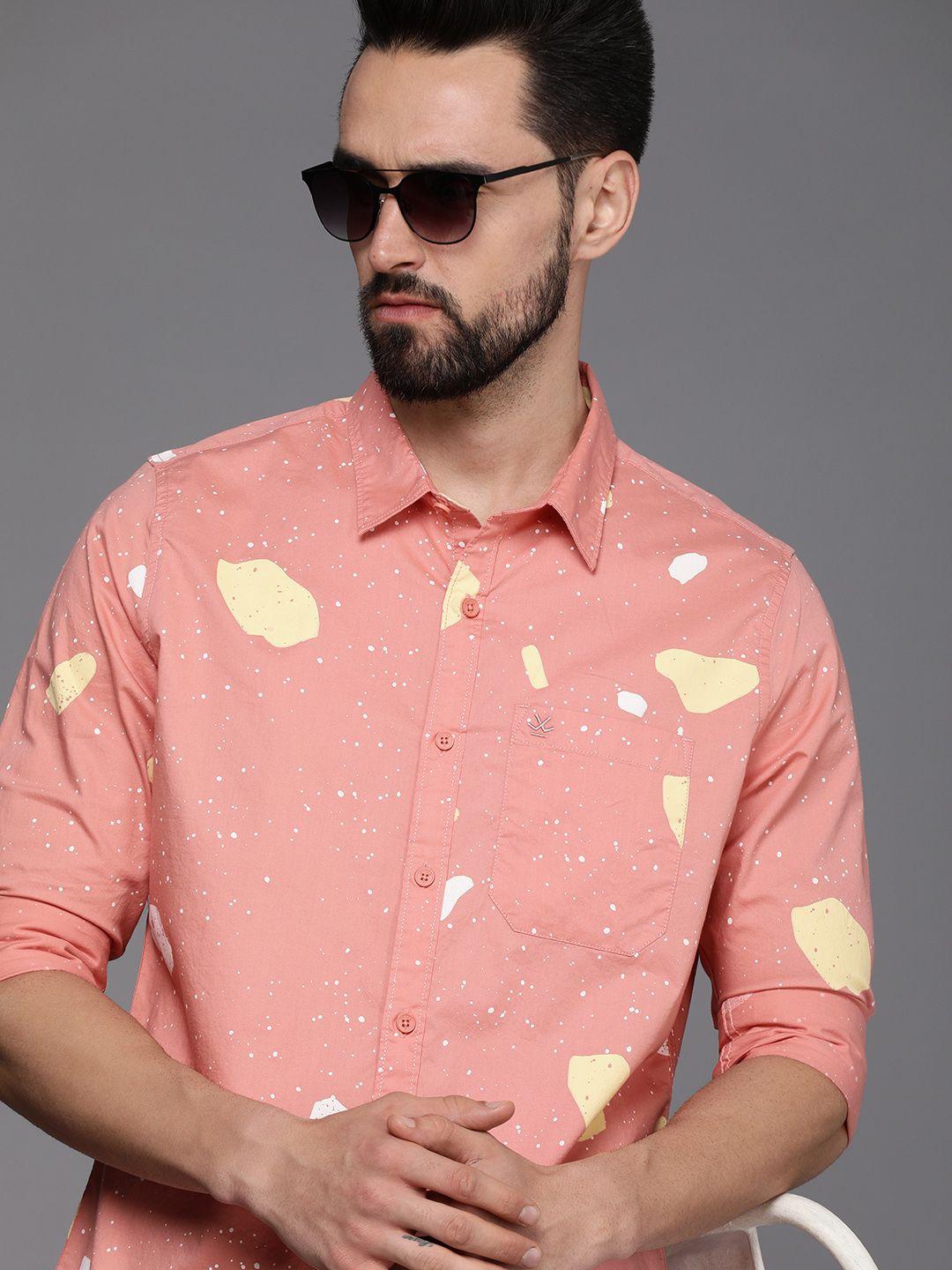 wrogn men pink & yellow slim fit printed casual shirt