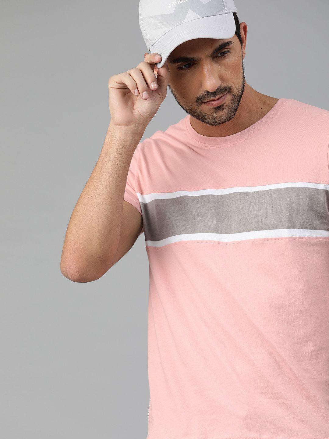 wrogn men pink  grey slim fit colourblocked round neck pure cotton t-shirt