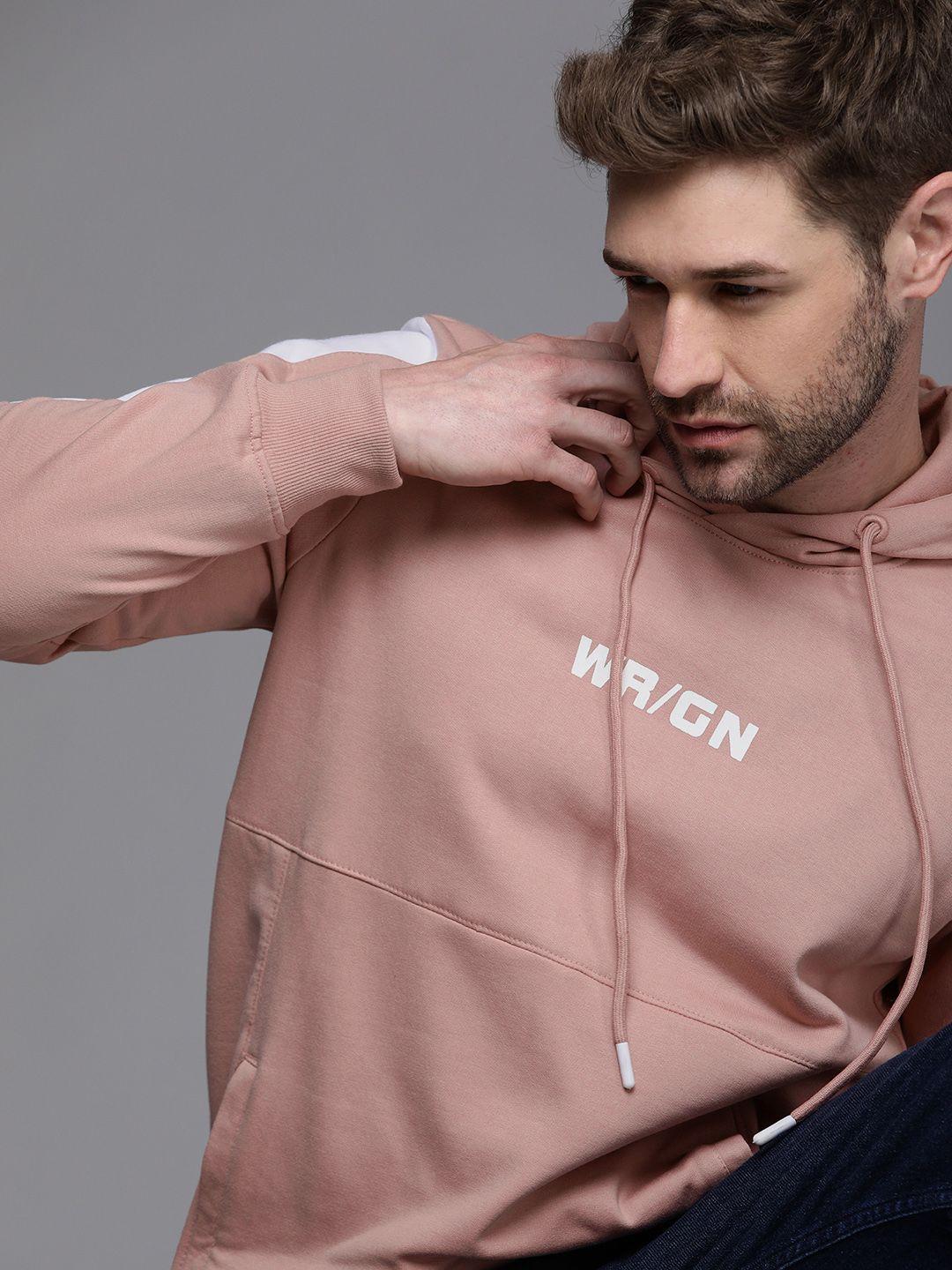 wrogn men pink printed hooded pullover sweatshirt