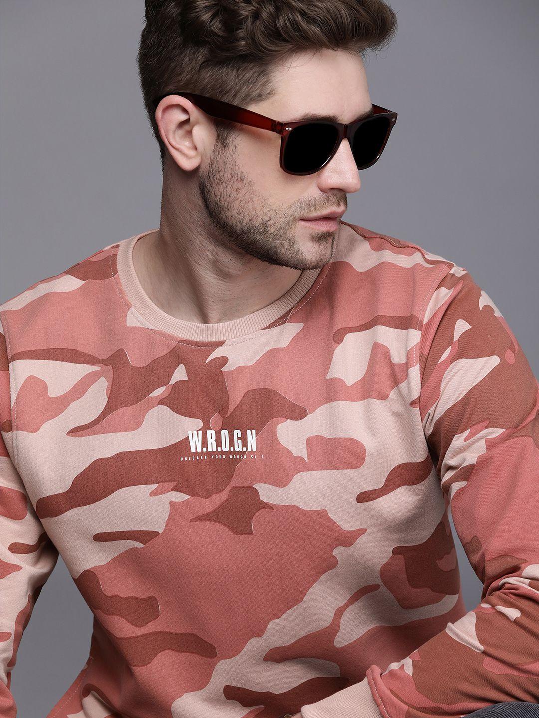 wrogn men pink printed slim fit sweatshirt