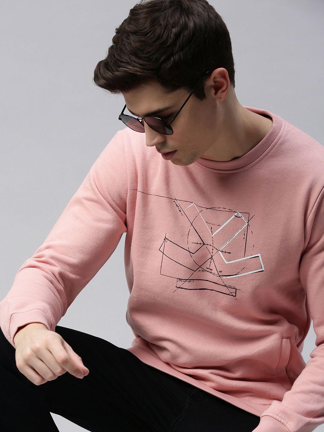 wrogn men pink slim fit printed pullover sweatshirt