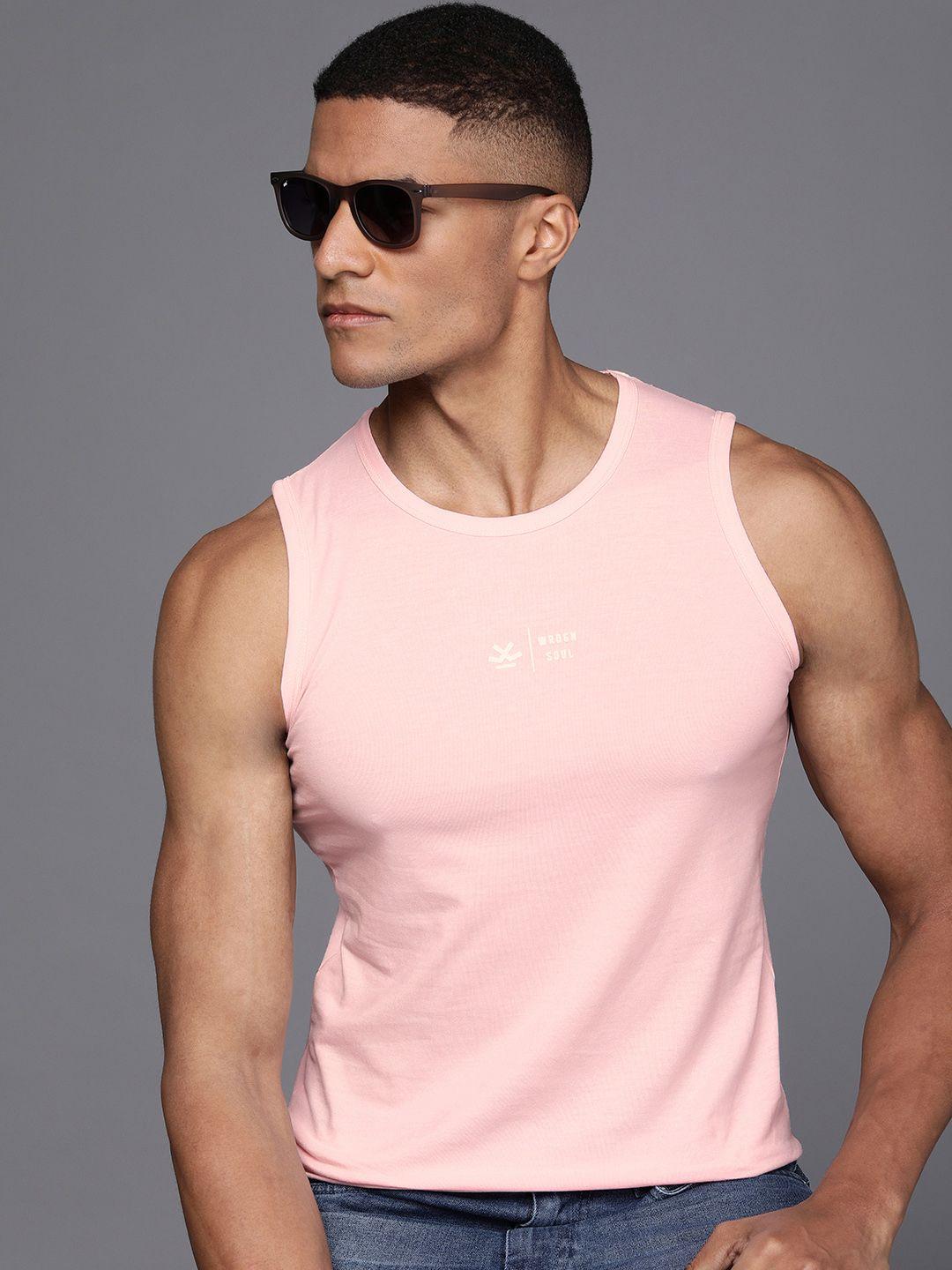 wrogn men pink slim fit t-shirt with printed detailing