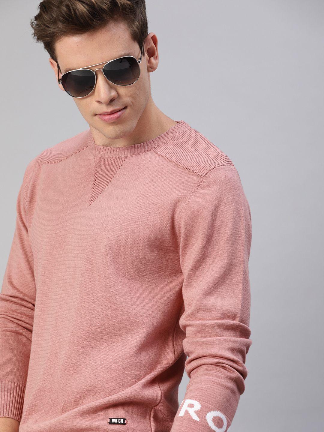 wrogn men pink solid pullover sweater