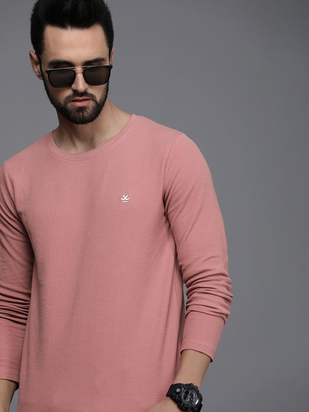 wrogn men pink solid pure cotton t-shirt