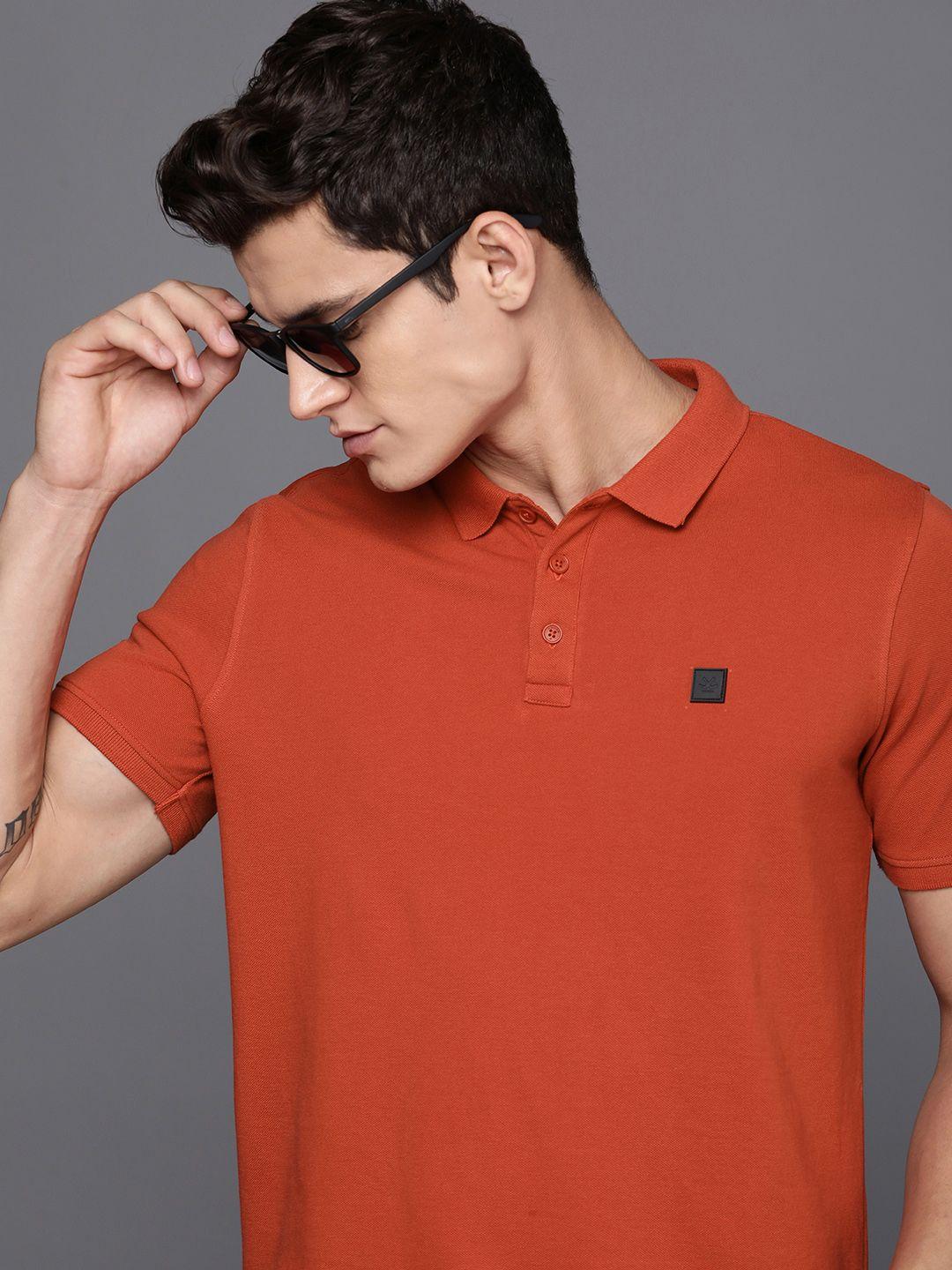 wrogn men polo collar pure cotton applique slim fit t-shirt