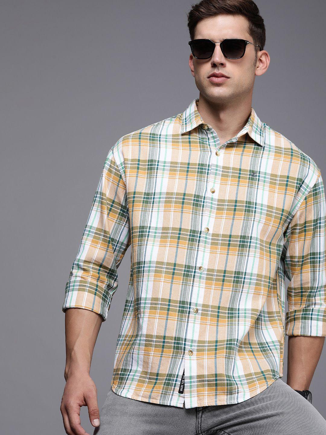 wrogn men pure cotton boxy fit checked casual shirt