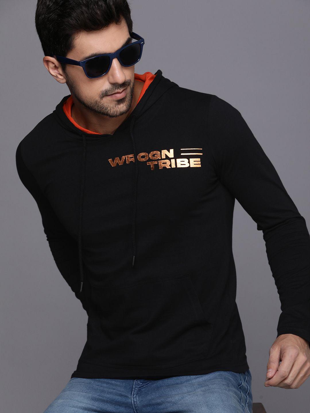 wrogn men pure cotton brand logo printed hooded slim fit t-shirt