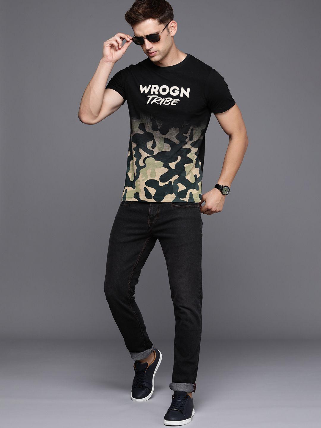 wrogn men pure cotton camouflage printed slim fit t-shirt