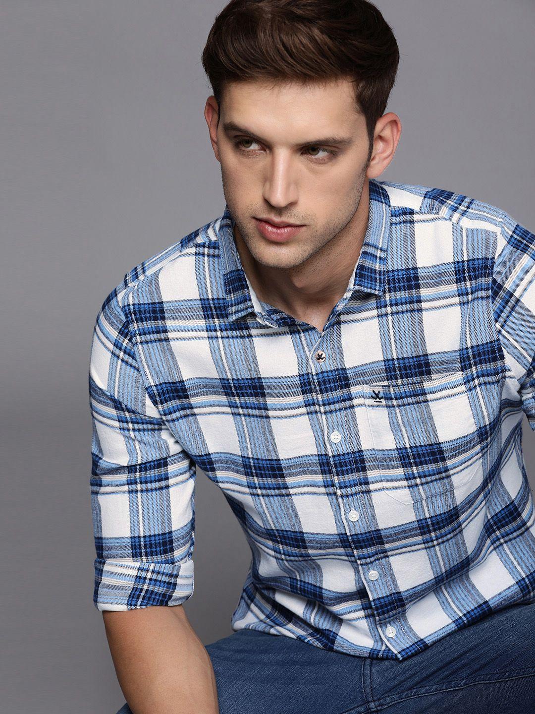 wrogn men pure cotton slim fit tartan checks casual shirt