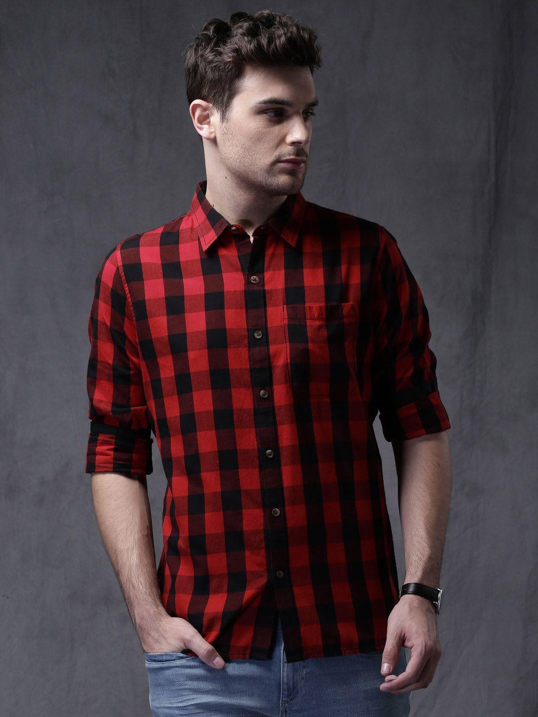 wrogn men red & black slim fit checked casual shirt