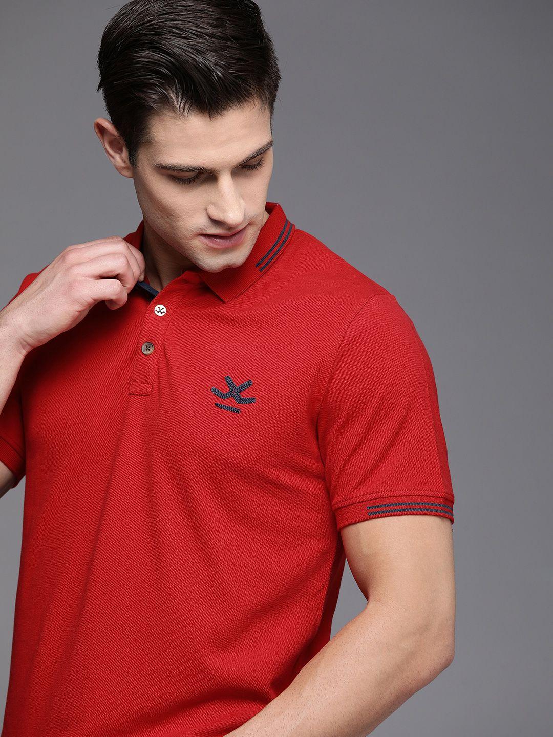 wrogn men red embroidered polo collar slim fit casual t-shirt
