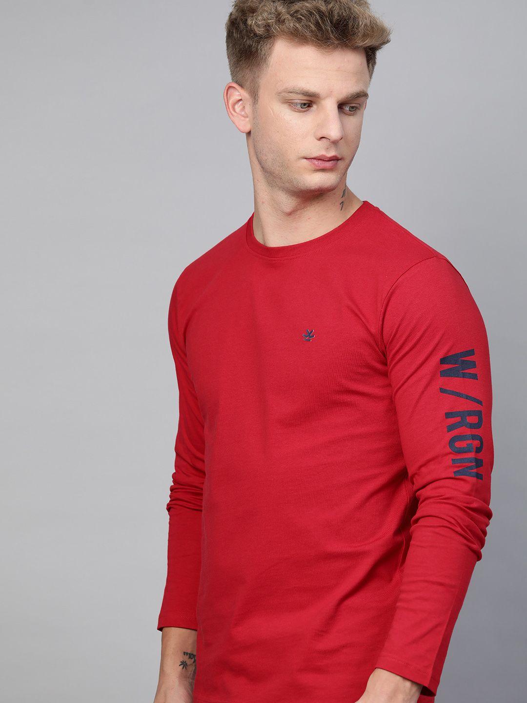 wrogn men red slim fit cotton t-shirt