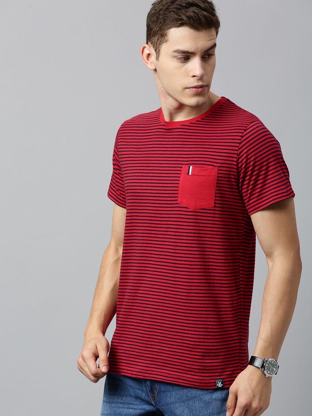 wrogn men red striped round neck t-shirt