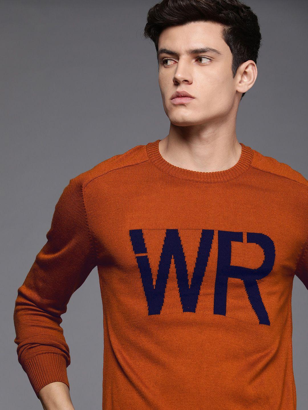 wrogn men rust brown slim-fit pullover with embroidered detail