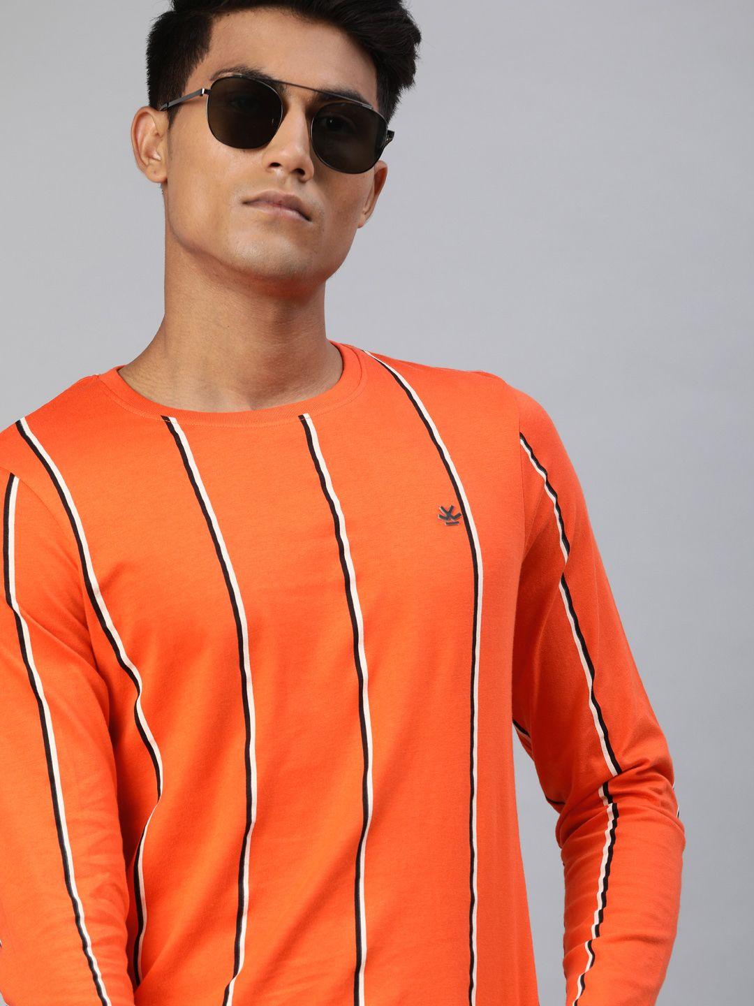 wrogn men rust orange  black slim fit striped round neck pure cotton t-shirt