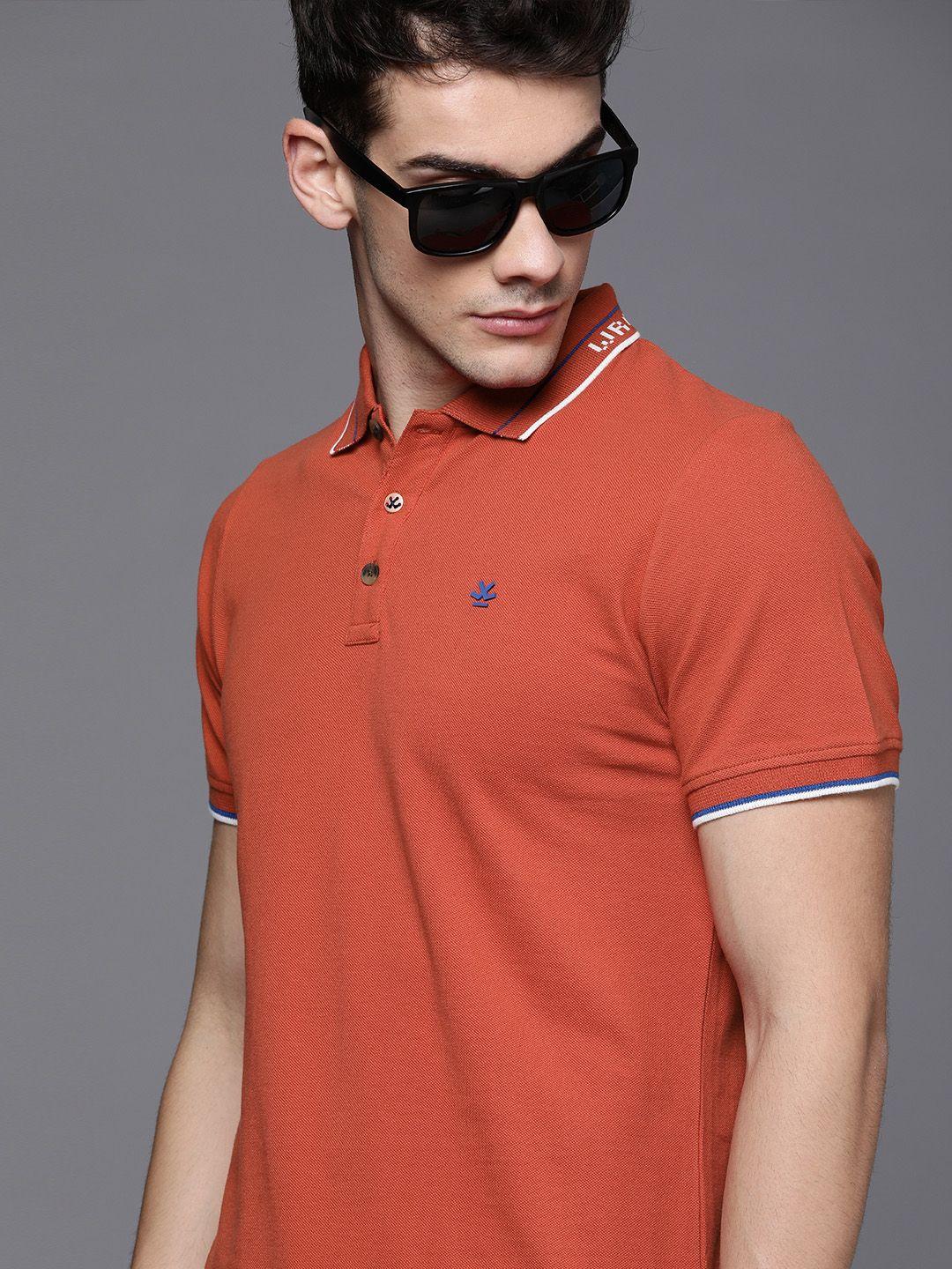 wrogn men rust orange solid polo slim pure cotton t-shirt