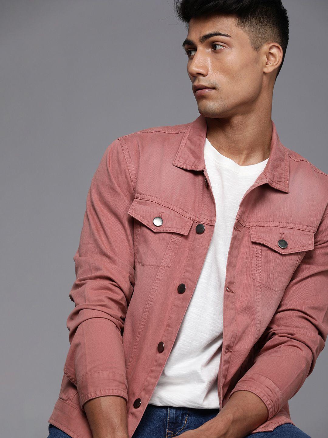 wrogn men rust pink solid denim jacket