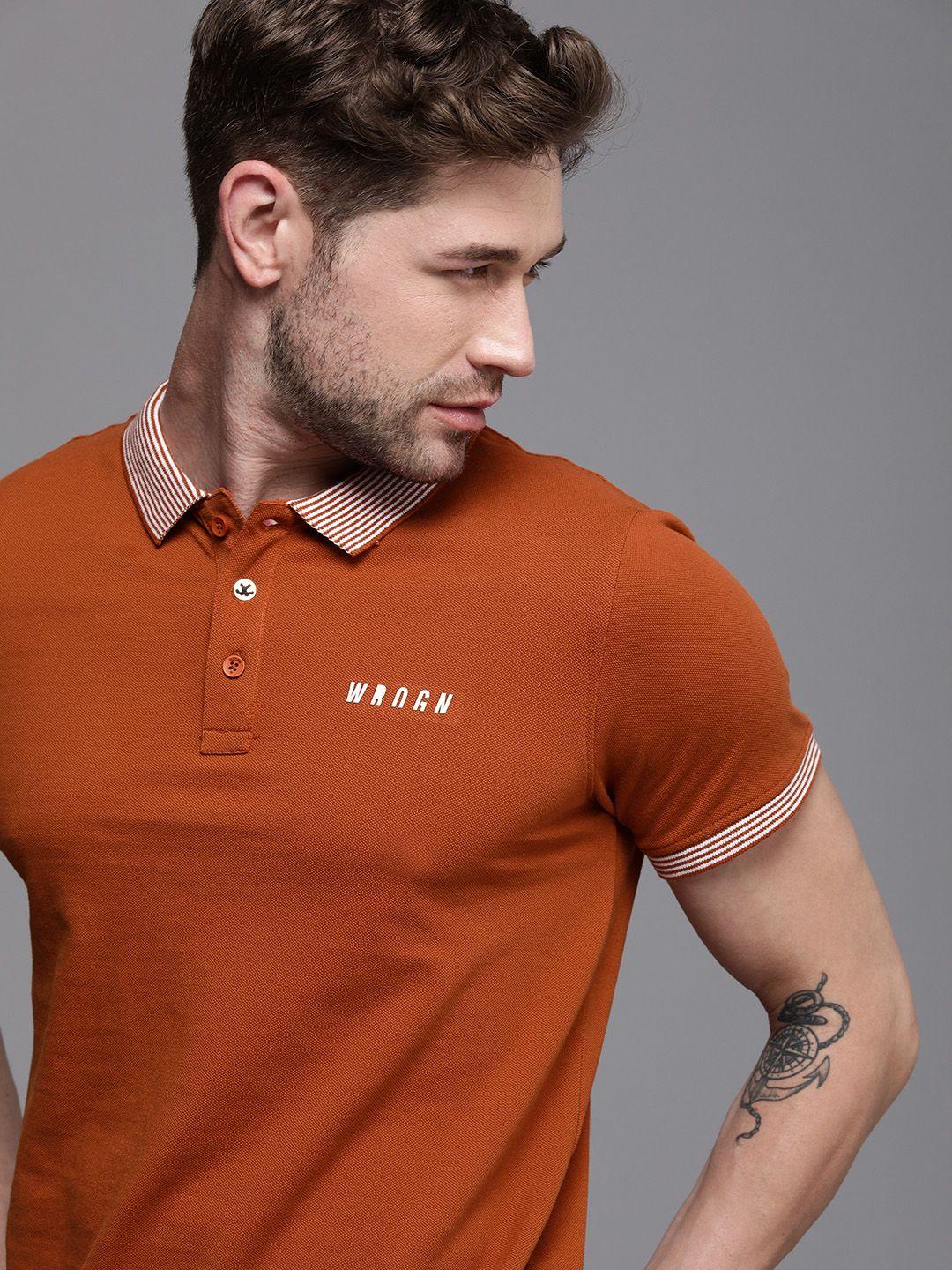 wrogn men rust polo collar slim fit t-shirt