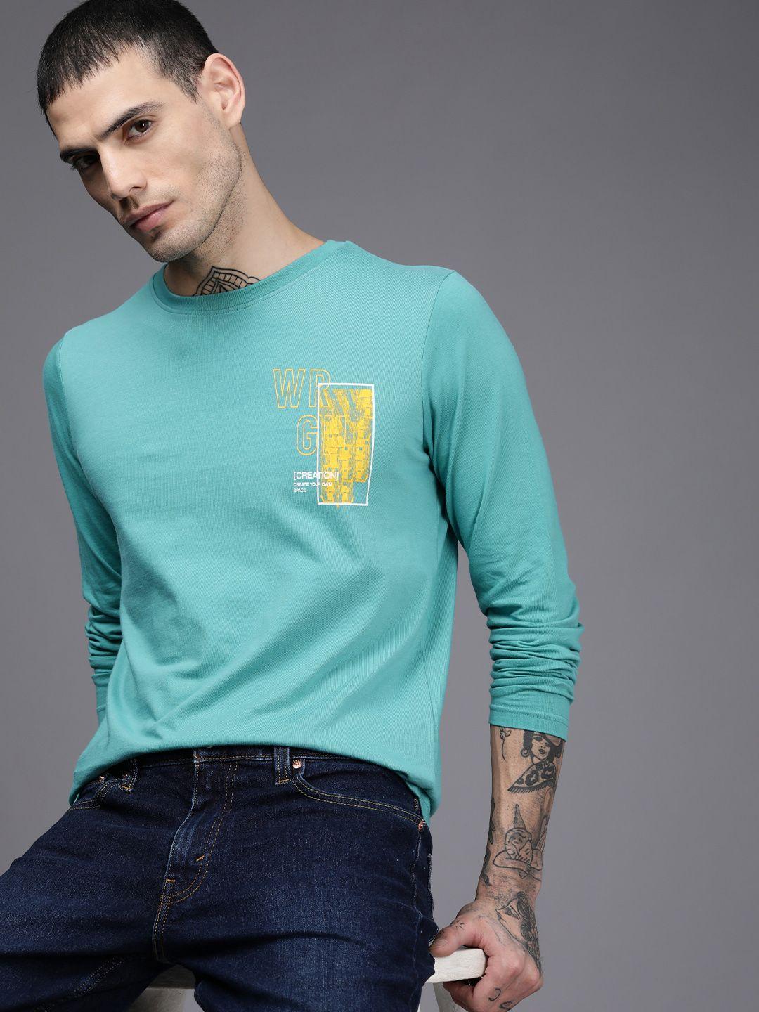 wrogn men sea green brand logo printed pure cotton t-shirt