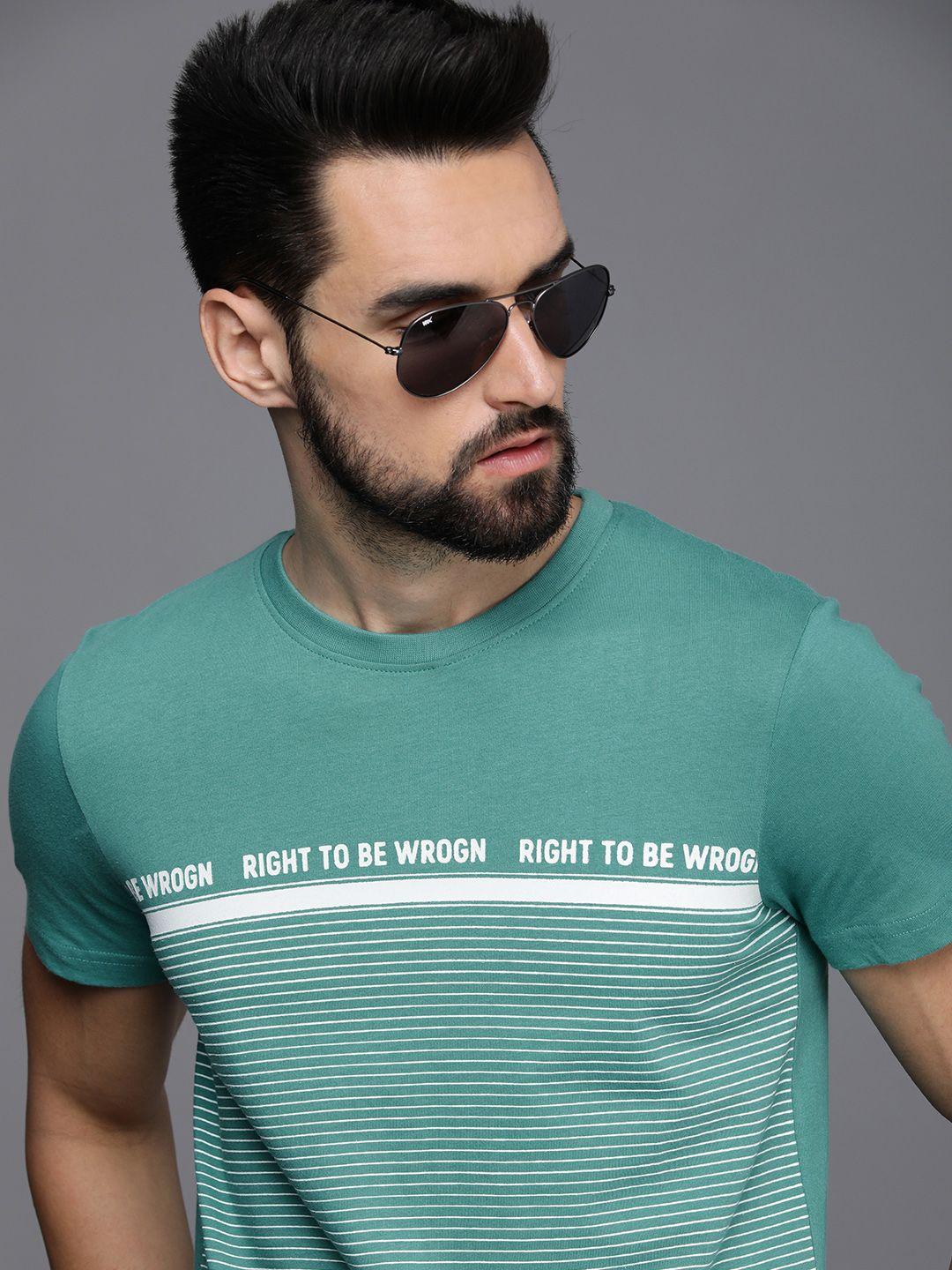 wrogn men sea green typography and stripe printed pure cotton slim fit t-shirt