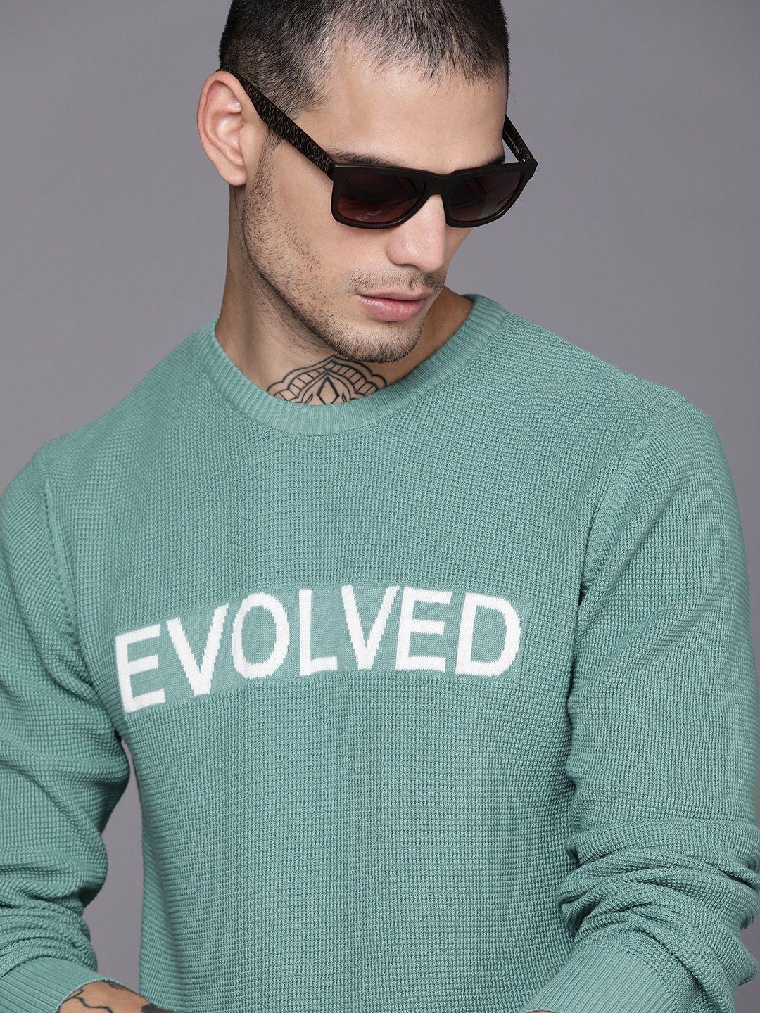 wrogn men sea green typography embroidered open-knit pullover sweater