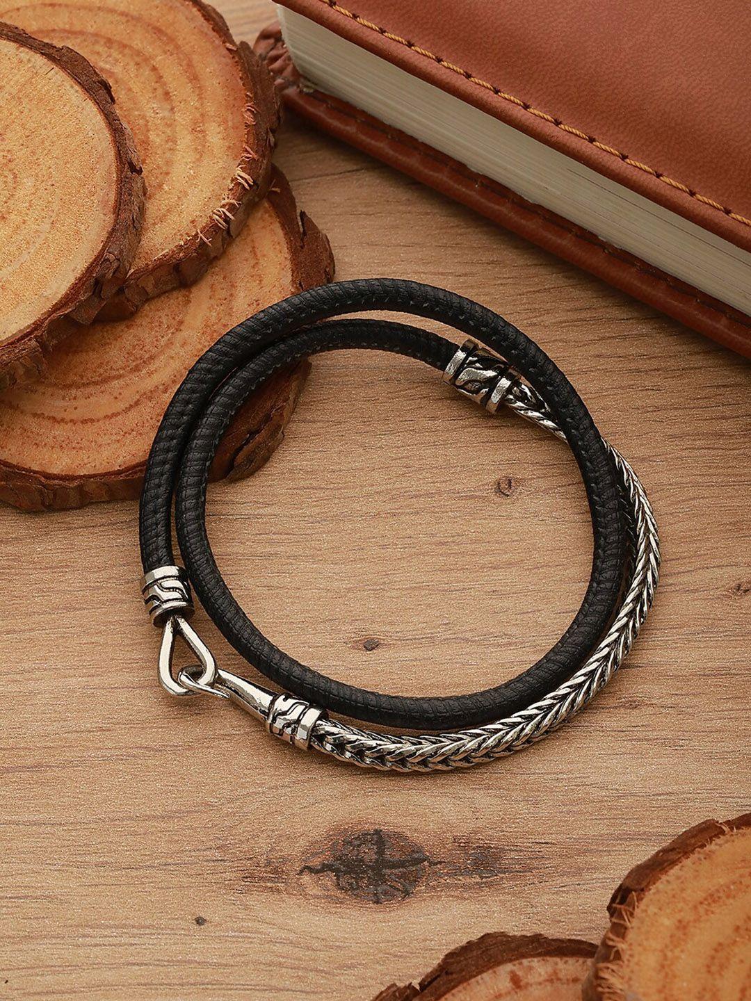 wrogn men silver-toned & black brass handcrafted silver-plated wraparound bracelet