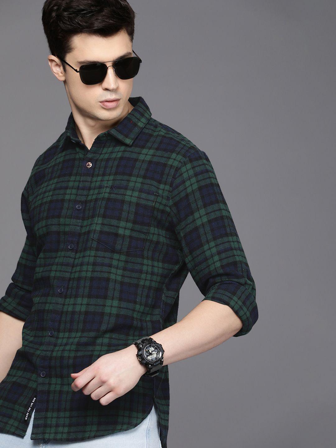 wrogn men slim fit opaque checked casual shirt