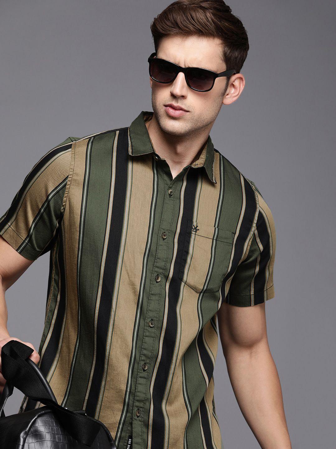 wrogn men slim fit striped casual shirt