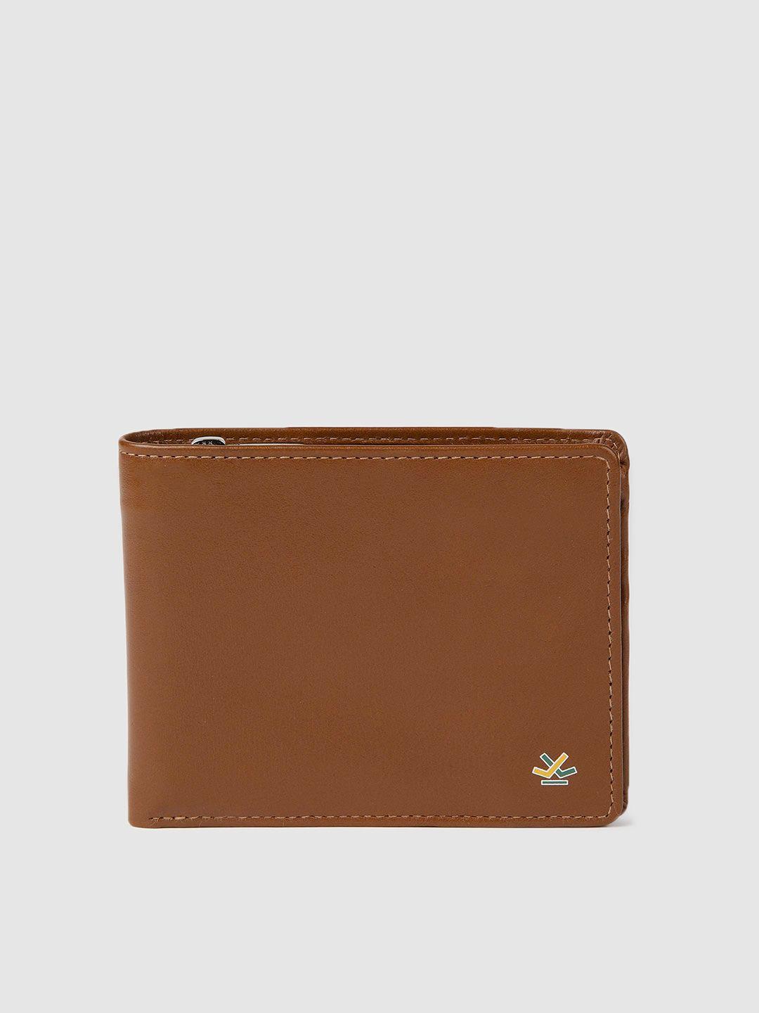 wrogn men tan brown solid leather two fold wallet