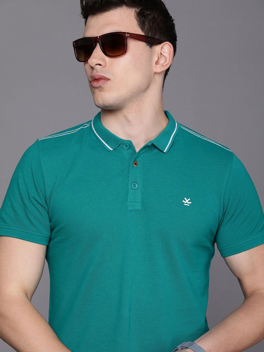 wrogn men teal  blue solid polo collar slim fit pure cotton  t-shirt