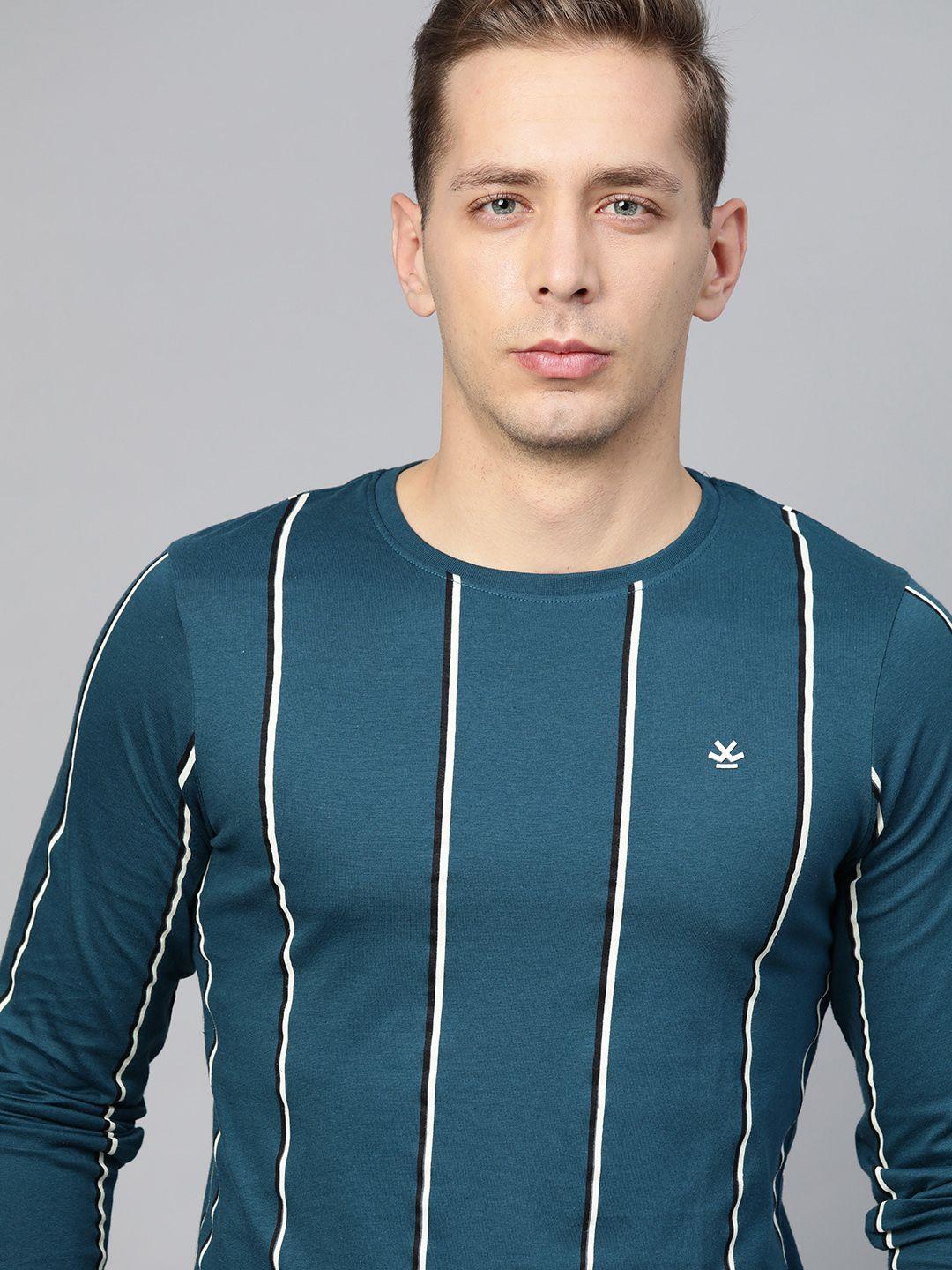 wrogn men teal blue & off-white striped slim fit solid round neck t-shirt