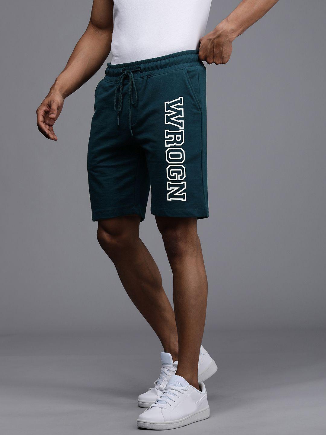 wrogn men teal blue & white printed shorts