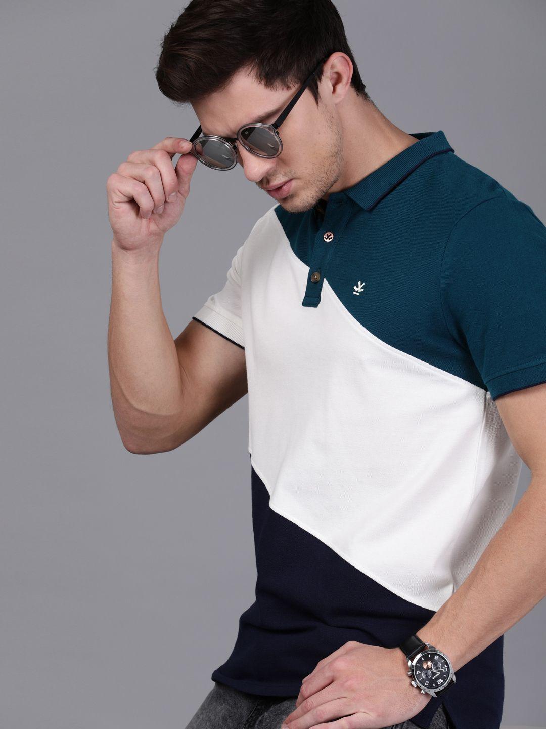 wrogn men teal blue & white slim fit colourblocked polo collar t-shirt