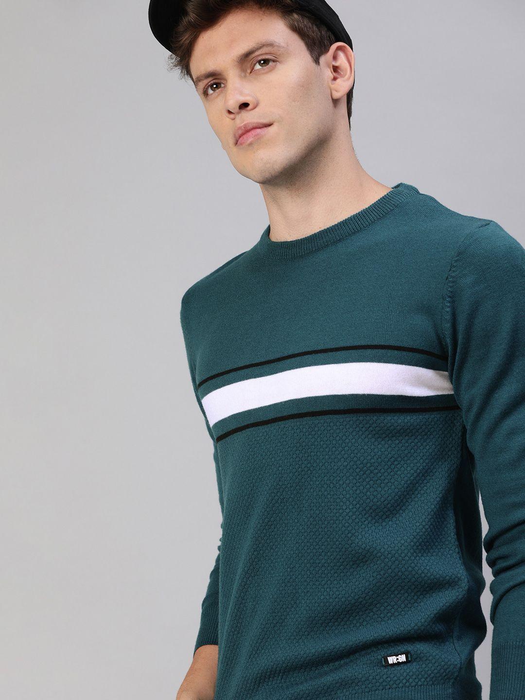 wrogn men teal blue & white striped pullover sweater