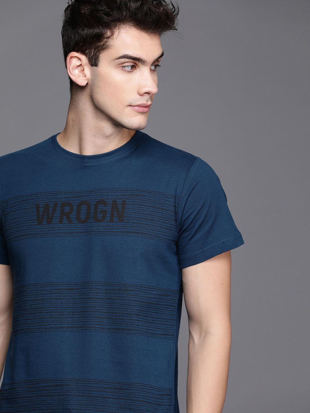 wrogn men teal blue  black slim fit striped round neck pure cotton t-shirt