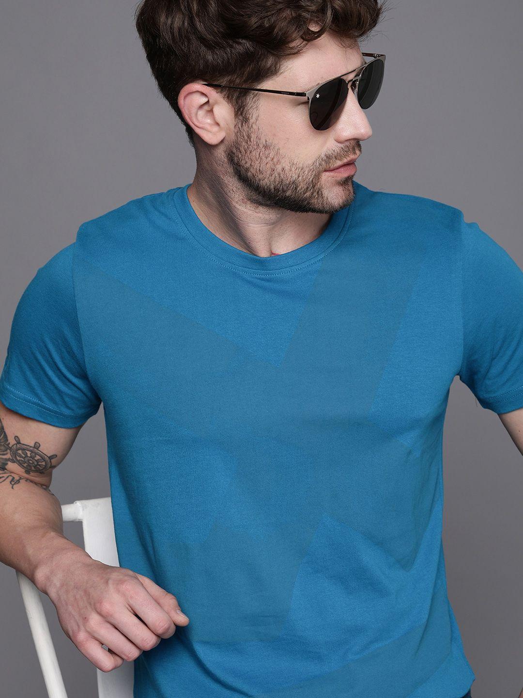 wrogn men teal blue brand logo printed slim fit pure cotton t-shirt